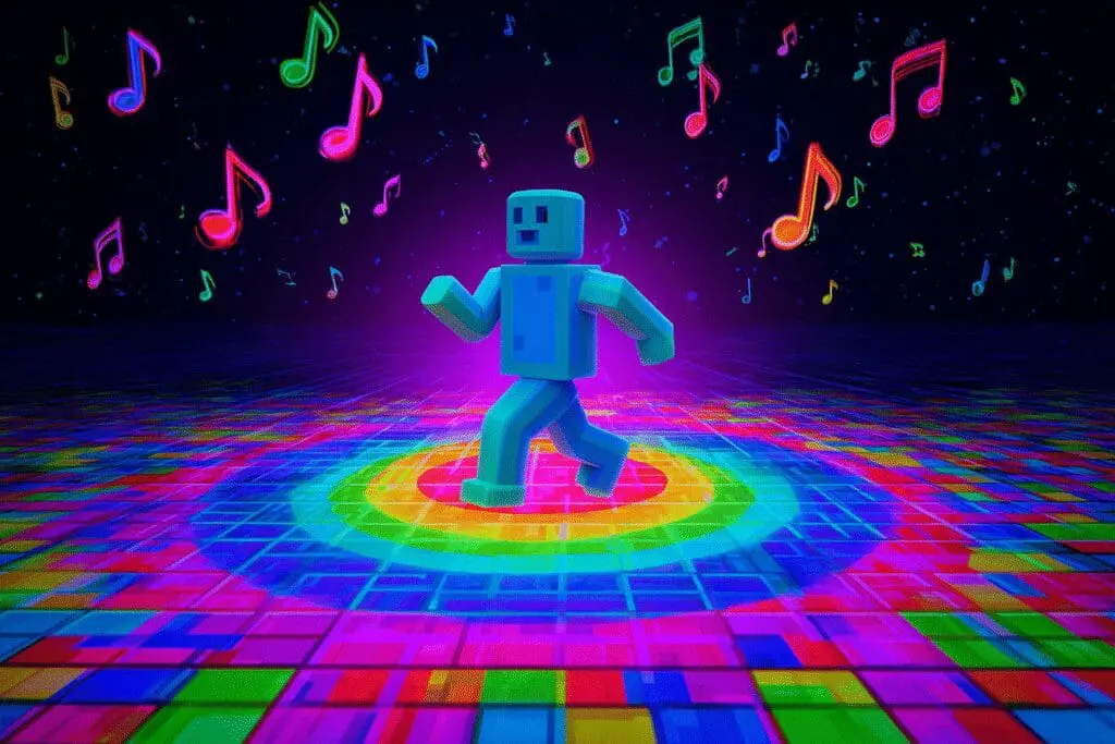 A blocky avatar dancing under a disco ball a tutorial for how to dance in Roblox