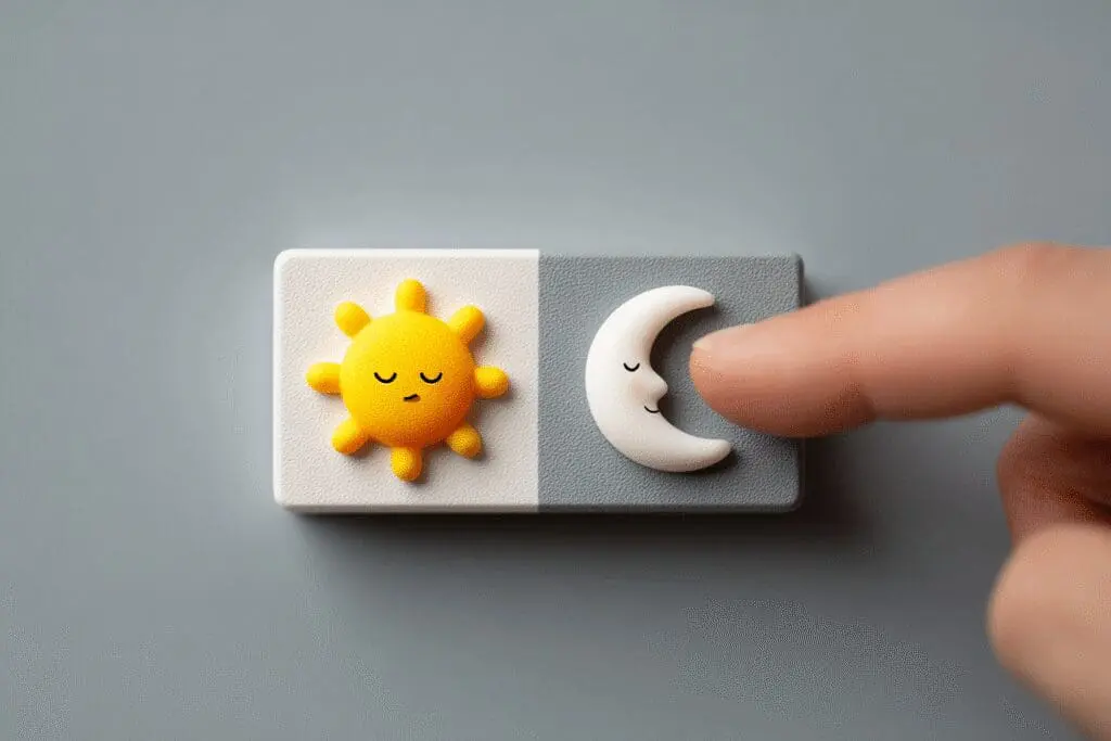 A finger pushing a switch from a sun icon to a moon icon answering the FAQ on how to turn on dark mode on Roblox A finger pushing a switch from a sun icon to a moon icon answering the FAQ on how to turn on dark mode on Roblox