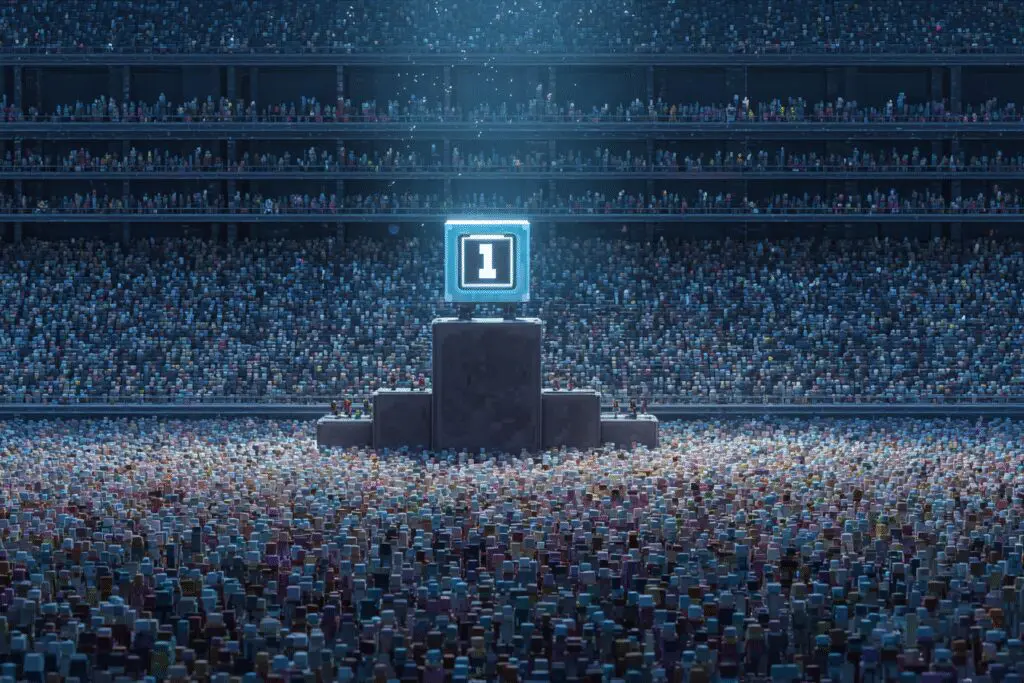 A game icon on a podium above a huge crowd illustrating what is the most popular game on Roblox