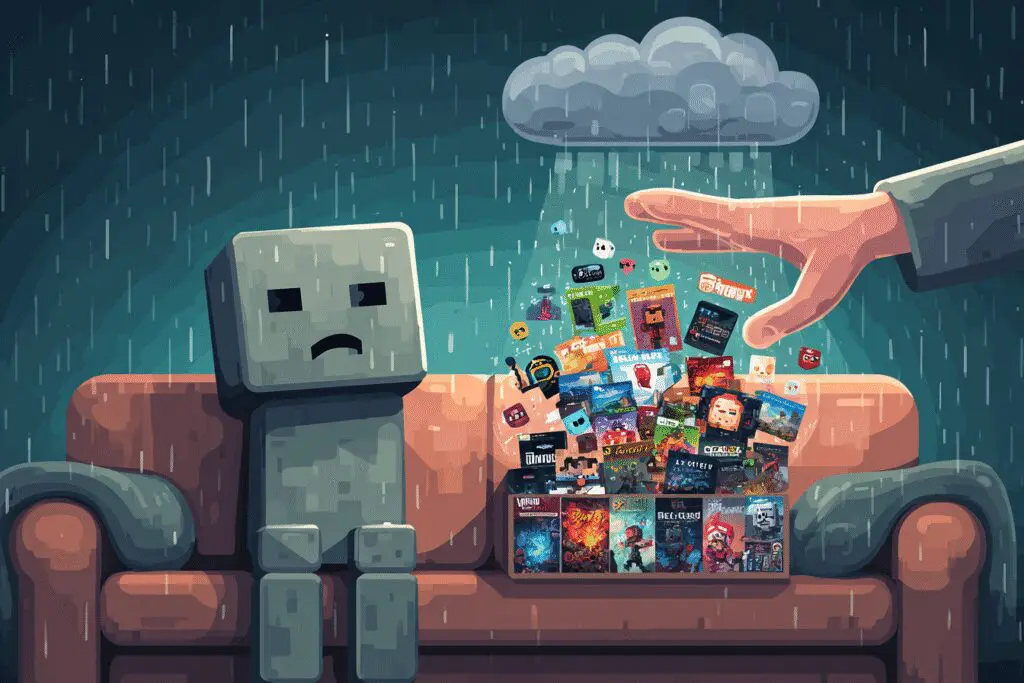 A hand offering a box of game icons to a bored avatar an ideas list for games to play on Roblox when bored