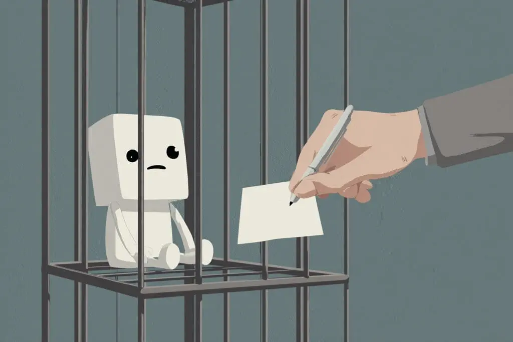 A hand offering a pen and paper to a caged avatar a guide for how to get unbanned from Roblox