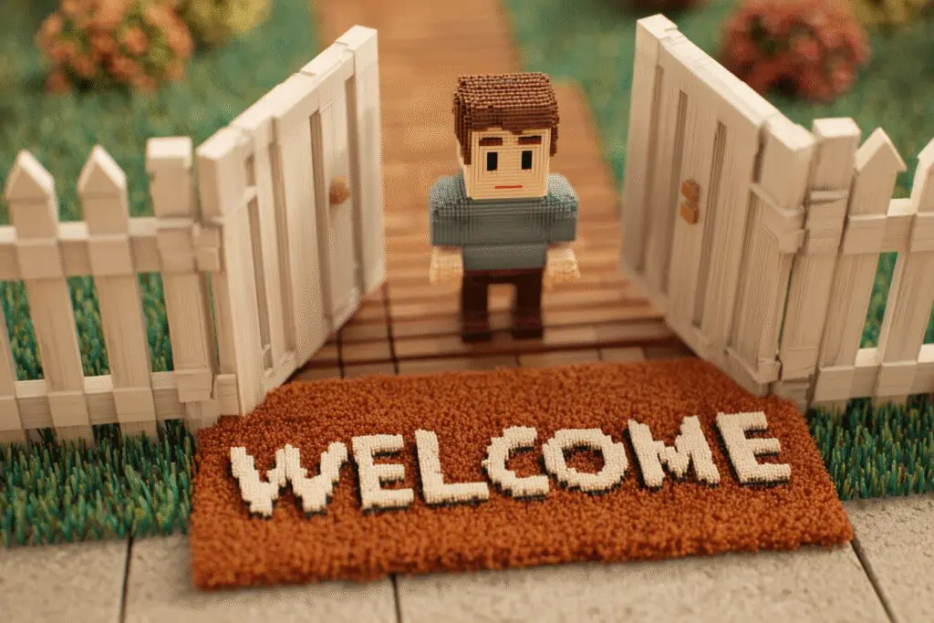 A hand opening a gate and putting out a welcome mat explaining the FAQ on how to turn on joins in Roblox
