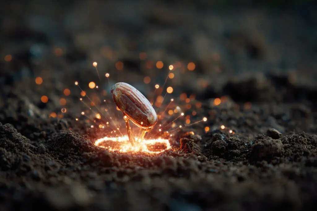 A magical seed instantly sprouting roots when planted a tutorial for the FAQ on how to plant seeds in Grow a Garden Roblox