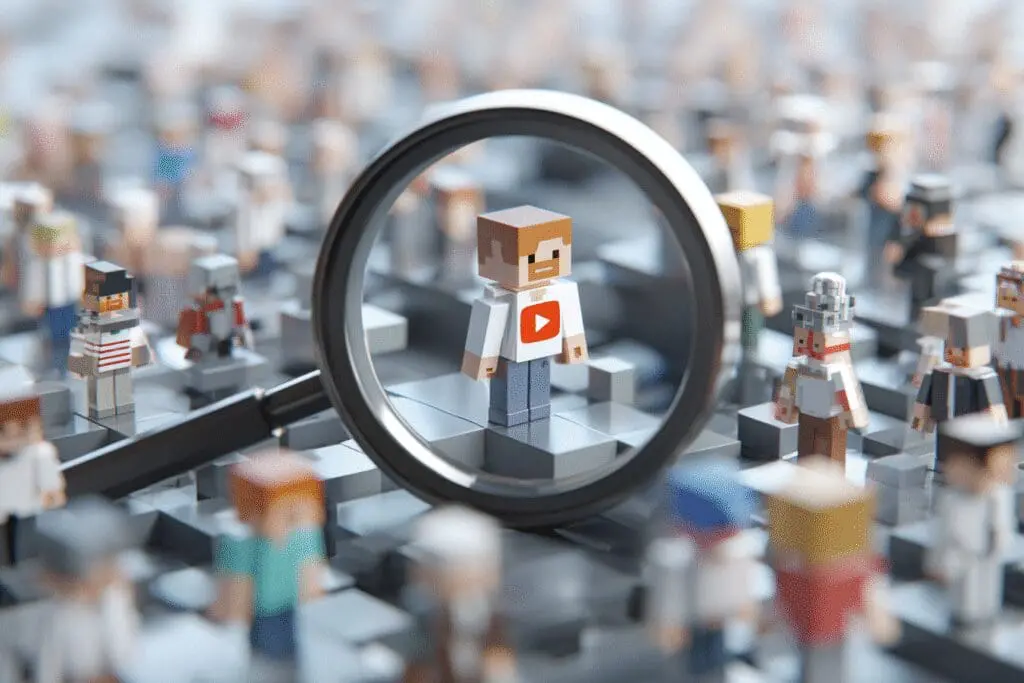 A magnifying glass finding one specific avatar illustrating how to find the Maddy from Jkrew Roblox Username