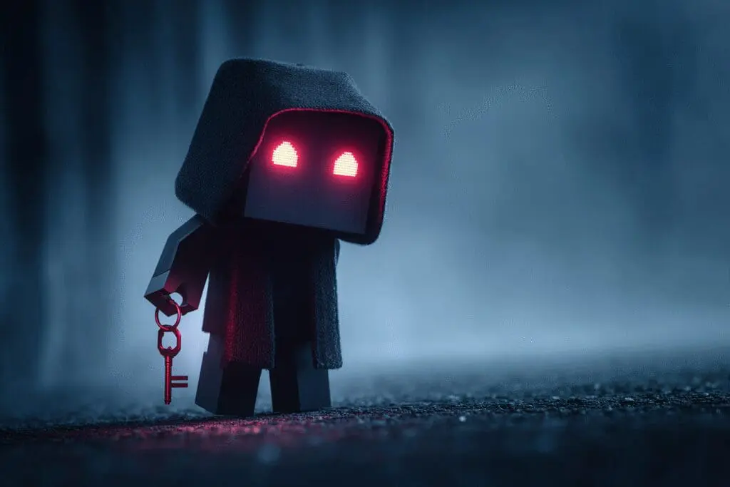 A shadowy figure offering a key to an avatar a warning about scams like the Nicsterv Roblox password