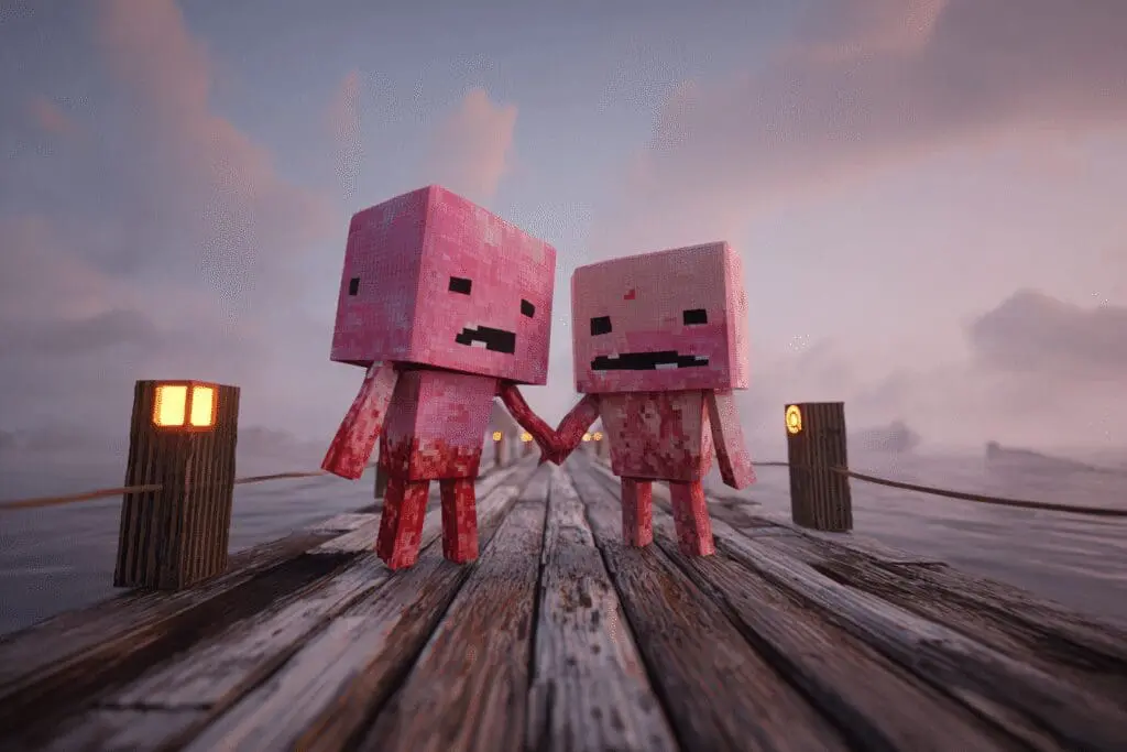 A shrimp avatar pushing another off a pier as the Q key glows a tip for how to push in Shrimp Game Roblox
