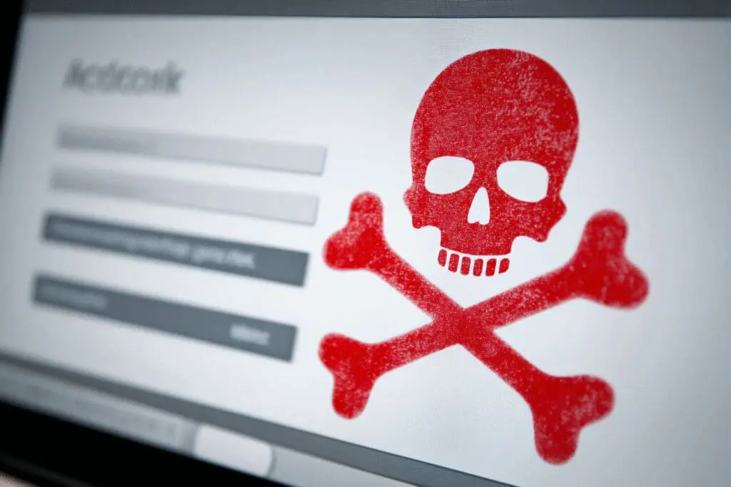 A skull icon over a fake login page a security alert about scams like the Foltyn Roblox password