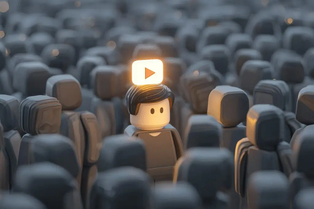 A spotlight on a single avatar with a YouTube icon a guide for finding the Caylus Roblox Username