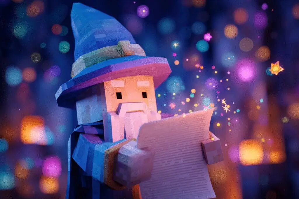 A wizard avatar using a scroll to create magical effects a guide for what are some Roblox commands
