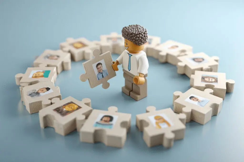 An avatar adding their piece to a group puzzle a metaphor for the FAQ on how to join a group in Roblox