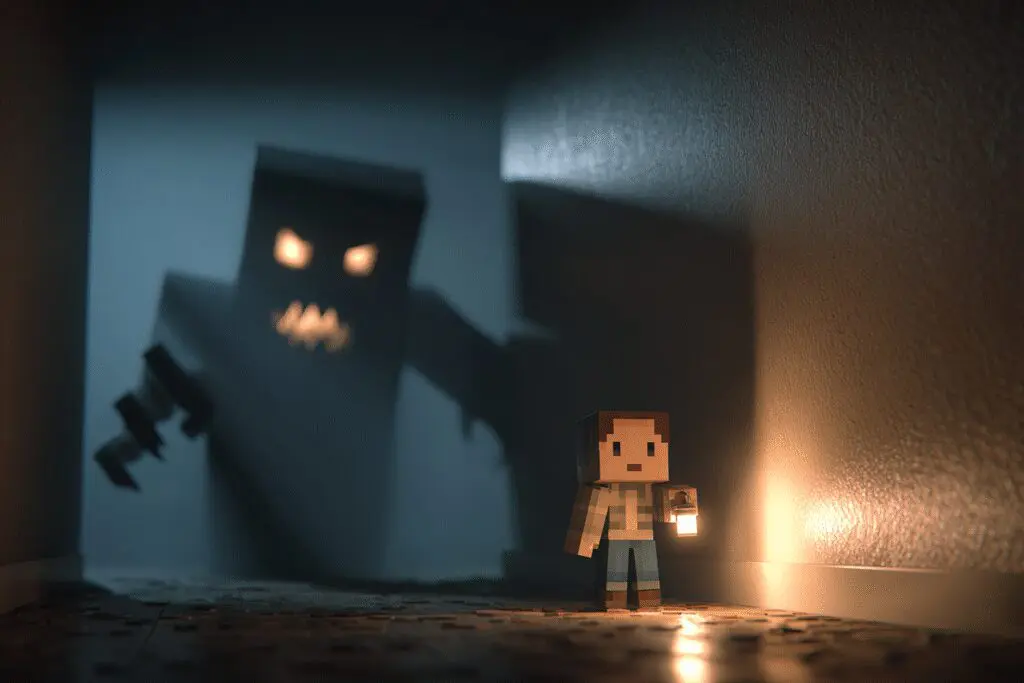 An avatar casting a monstrous shadow representing what is the scariest game on Roblox