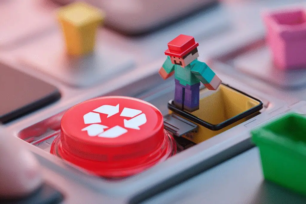 An avatar falling through a trapdoor into a recycling bin a guide for how to delete a Roblox account on PC
