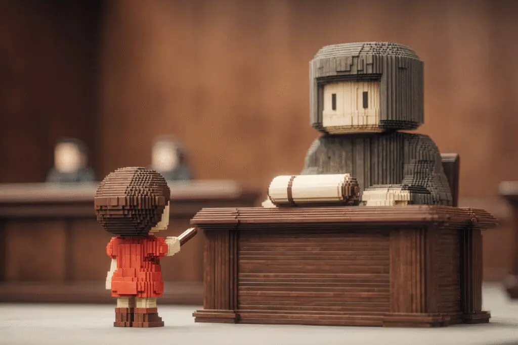 An avatar handing a scroll to a judge a guide on how to appeal a Roblox ban