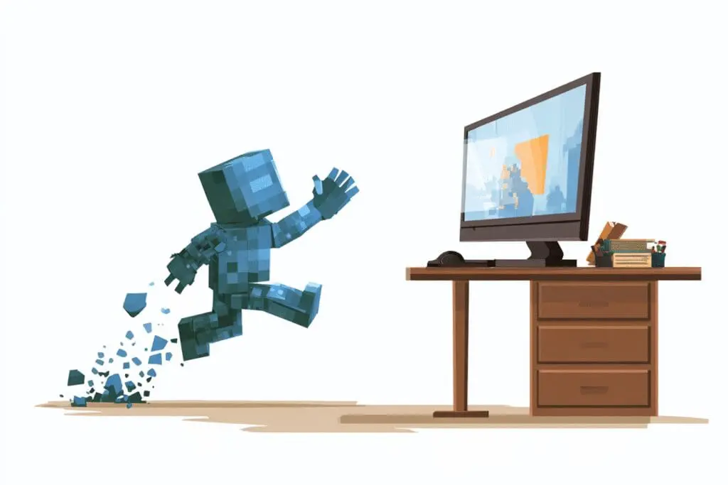 An avatar jumping out of a computer screen illustrating how to log out of Roblox on PC