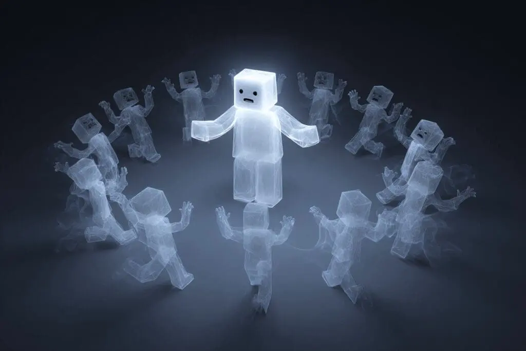 An avatar surrounded by ghostly versions of itself in different poses showing how to emote in Roblox
