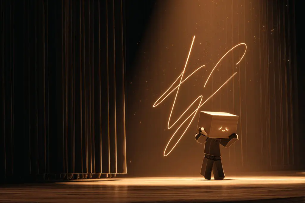 An avatar taking a bow next to a signature answering the FAQ on who created Dress to Impress Roblox An avatar taking a bow next to a signature answering the FAQ on who created Dress to Impress Roblox