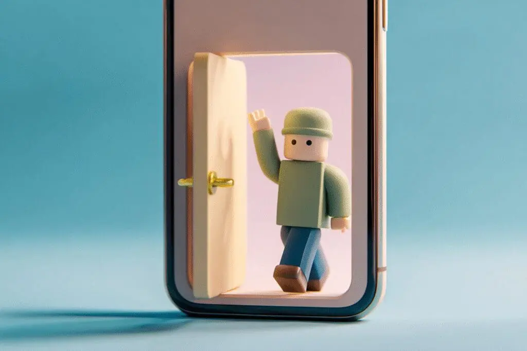 An avatar walking out a door on a phone screen a guide for how to log out of Roblox on a phone