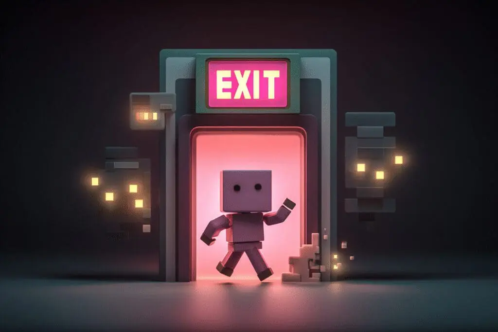An avatar walking towards an exit sign on a screen answering the FAQ on how to log out of Roblox on PC