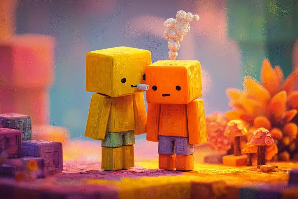 An avatar whispering a secret message to another a guide for how to private message on Roblox