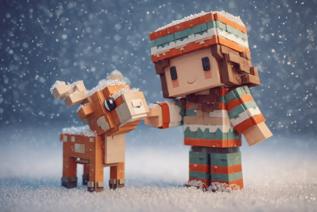 An avatar with a reindeer in the snow a guide for how to get the reindeer in DTI Roblox