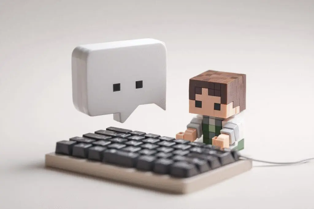 An avatar with a speech bubble appearing as hands type explaining how to chat in Roblox