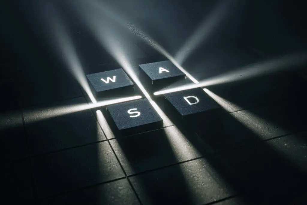 Glowing WASD keys projecting arrows explaining how to walk in Roblox on PC