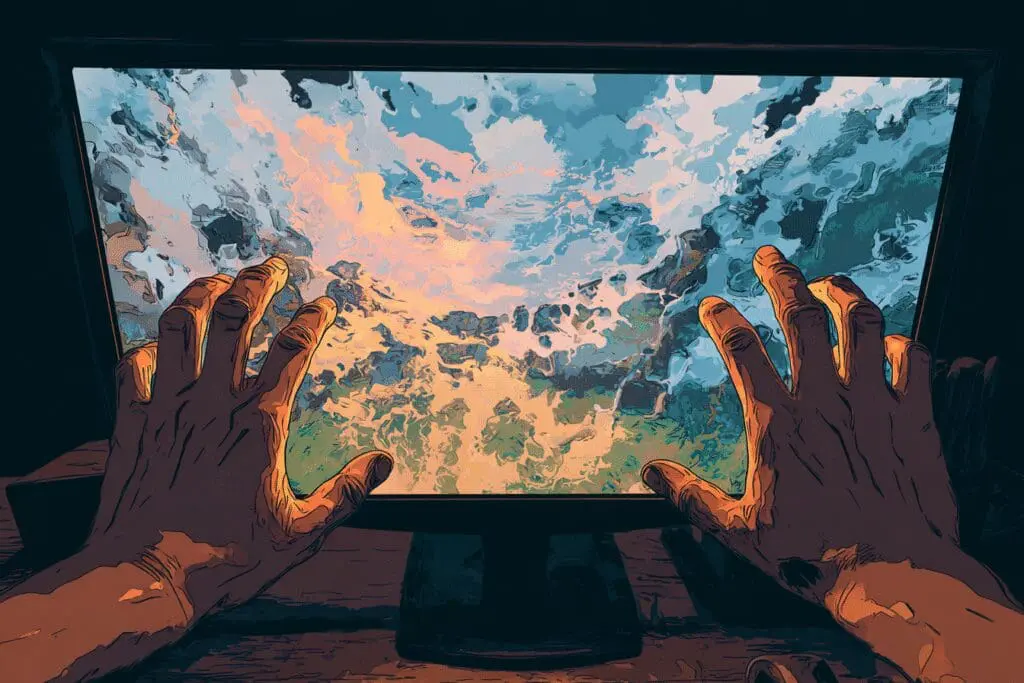 Hands stretching a game window to fill a screen showing how to make Roblox full screen on PC