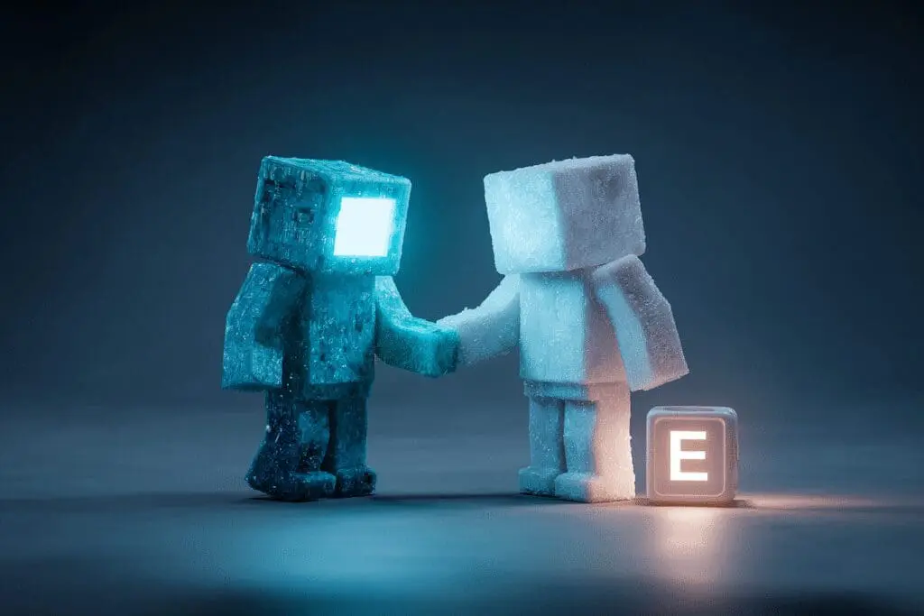 One avatar shoving another as the E key glows a tutorial for how to push in Mingle Roblox PC