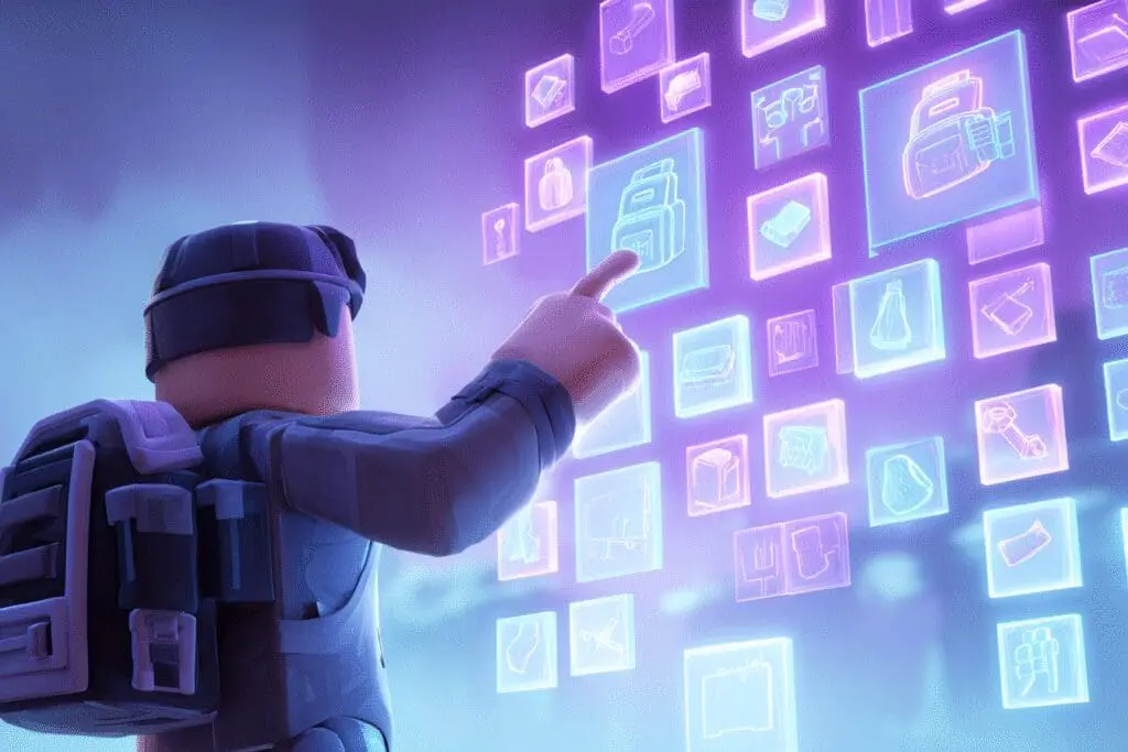 Tapping a backpack to show a hologram of items a guide for the FAQ on how to open inventory in Roblox Tapping a backpack to show a hologram of items a guide for the FAQ on how to open inventory in Roblox