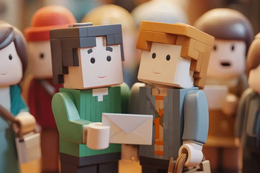 Two avatars secretly passing a note a visual for how to whisper in Roblox