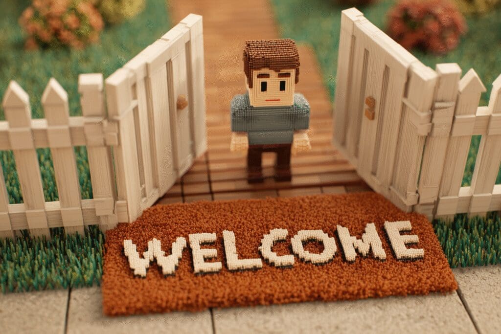 A hand opening a gate and putting out a welcome mat explaining the FAQ on how to turn on joins in Roblox