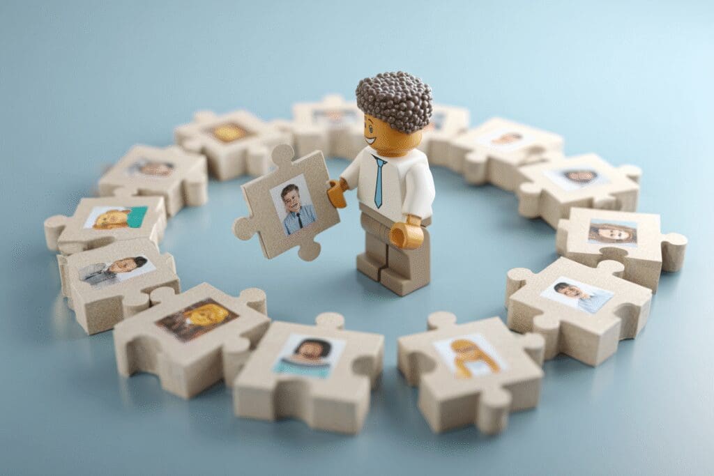An avatar adding their piece to a group puzzle a metaphor for the FAQ on how to join a group in Roblox
